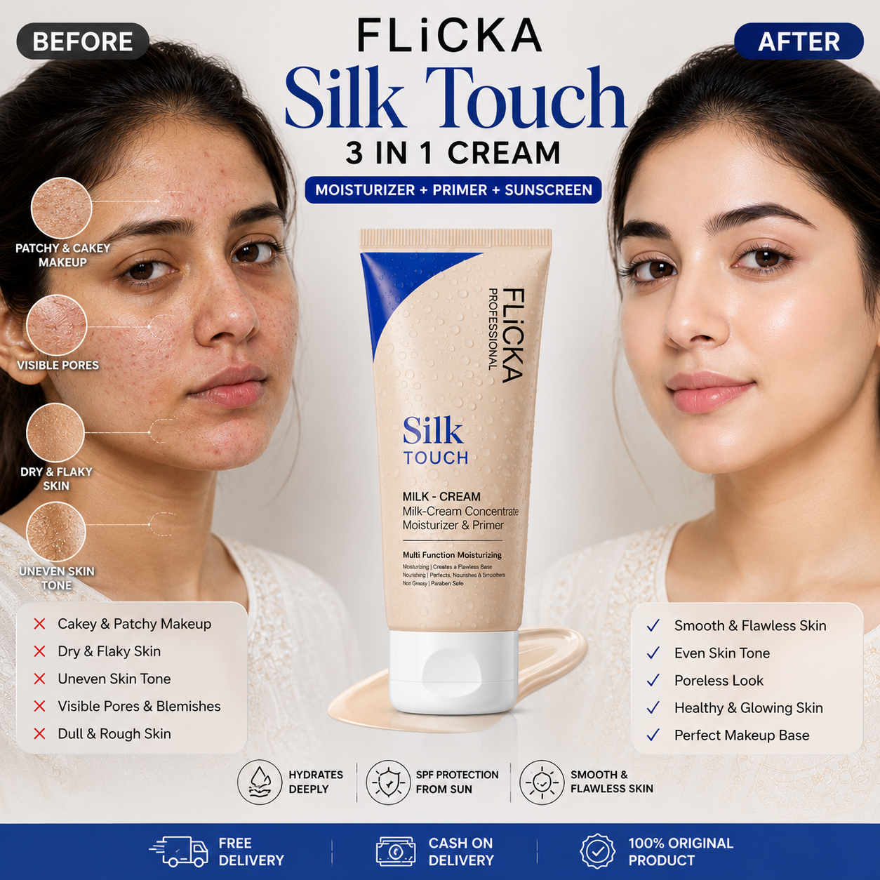 Flicka Silk Touch - 3 in 1 Moisturizer, Primer & Sunscreen for Face